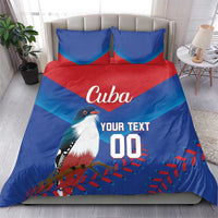 Blue and red bedding set with two pillows, bird graphic, 'Cuba', 'YOUR TEXT', '00'