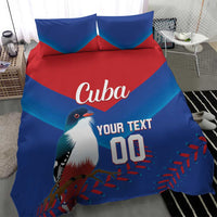 Blue and red bedding set with bird graphic, Cuba text, 'YOUR TEXT', and number '00'