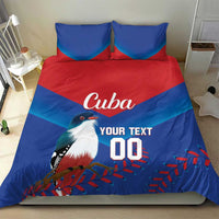 Blue and red bedding set with two pillows, bird graphic, 'Cuba', 'YOUR TEXT', '00'