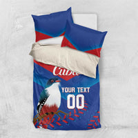 Blue and red duvet bedding set with two pillows, bird graphic, 'Cuba' and '00'
