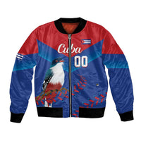 Unisex bomber jacket with Cuba flag bird graphic, blue/red panels, front zip, ribbed cuffs