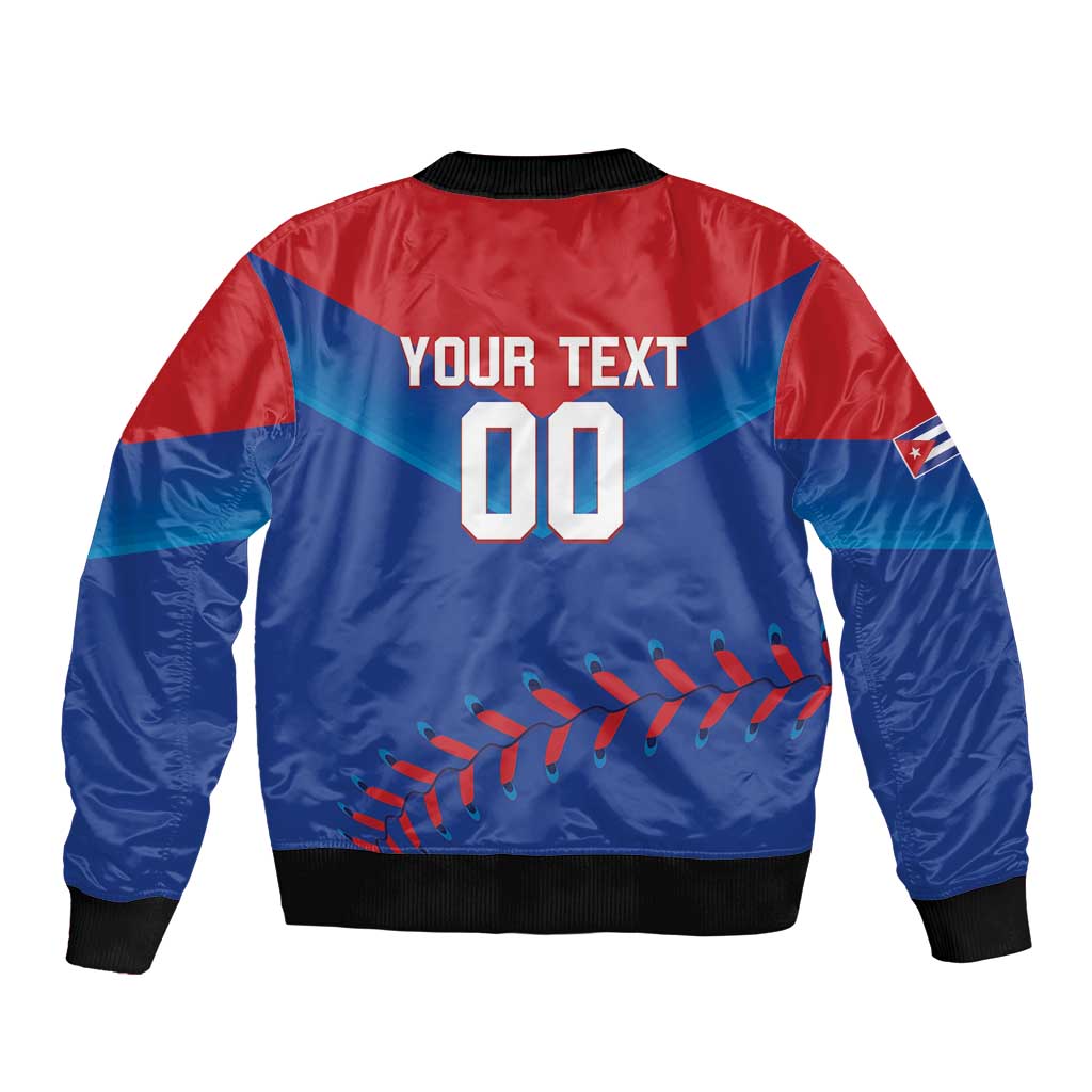 Unisex bomber jacket, back print with 'YOUR TEXT 00', blue/red baseball stitch graphic, ribbed hem