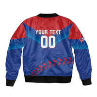Unisex bomber jacket, back print with 'YOUR TEXT 00', blue/red baseball stitch graphic, ribbed hem