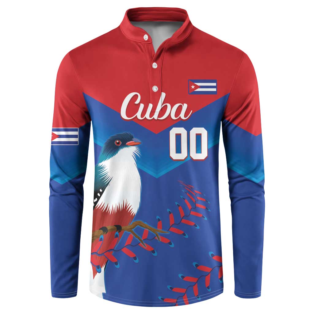 Red and blue button-front sweatshirt with Cuba graphic, bird print, and number 00