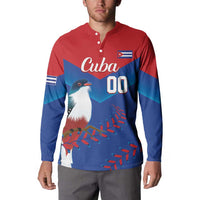 Red and blue button-front sweatshirt with Cuba graphic, bird print, and number 00