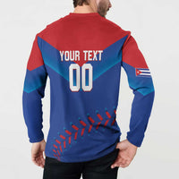 Red and blue button-front sweatshirt back with YOUR TEXT, number 00, and Cuba flag