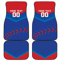Set of 4 blue car floor mats with red trim, 'YOUR TEXT 00' baseball stitch design