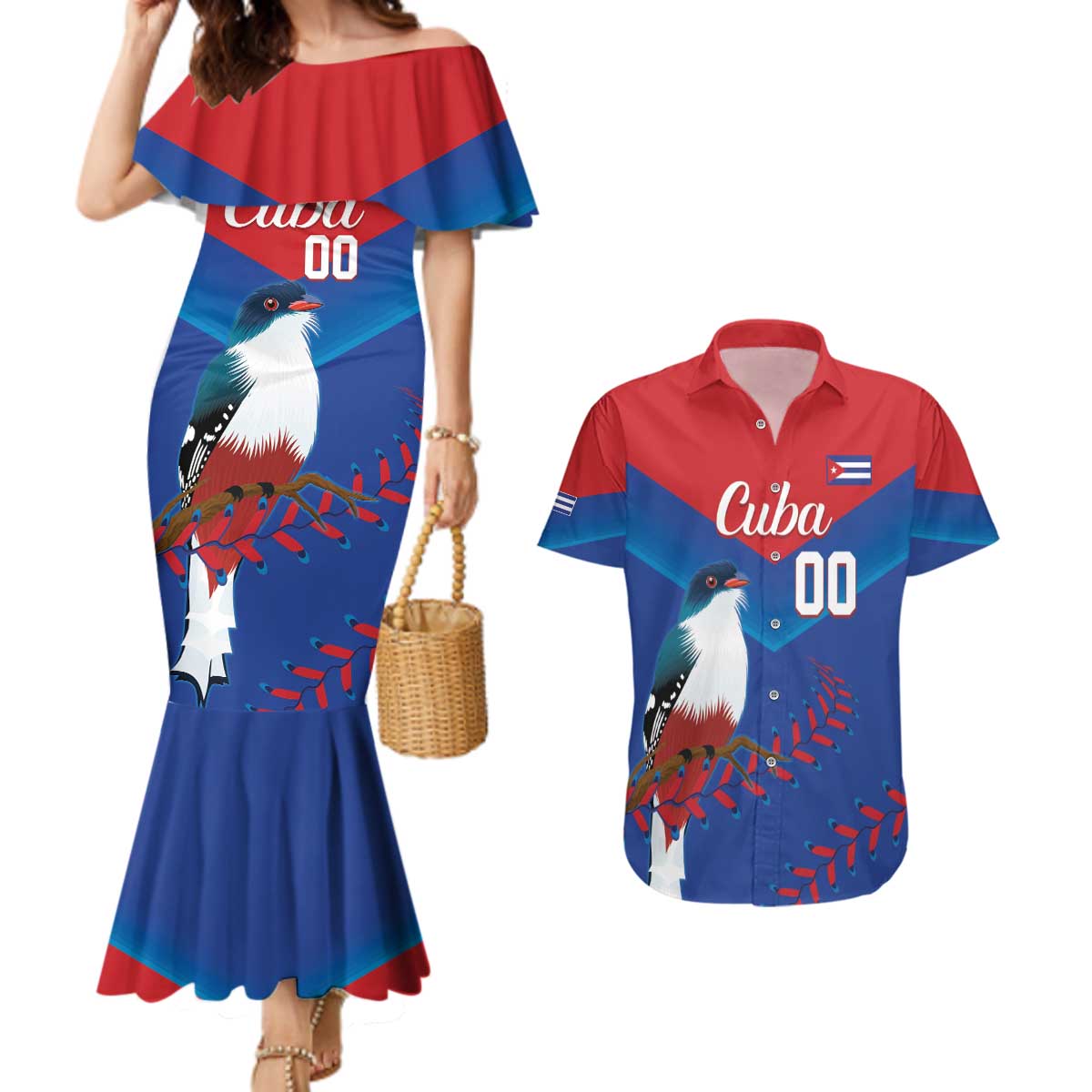 Custom Baseball Cuba 2024 Couples Matching Mermaid Dress and Hawaiian Shirt Cuban Trogon - Dynamic Style - Wonder Print Shop