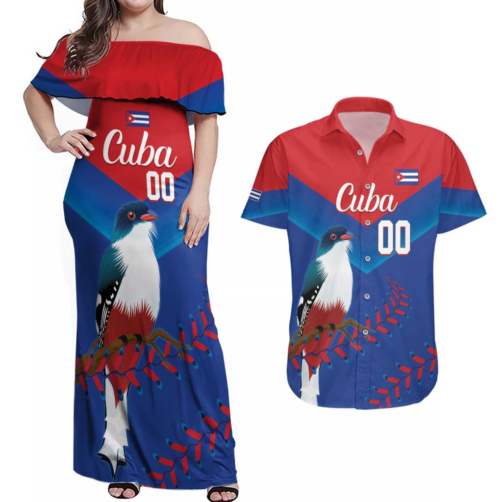 Custom Baseball Cuba 2024 Couples Matching Off Shoulder Maxi Dress and Hawaiian Shirt Cuban Trogon - Dynamic Style - Wonder Print Shop