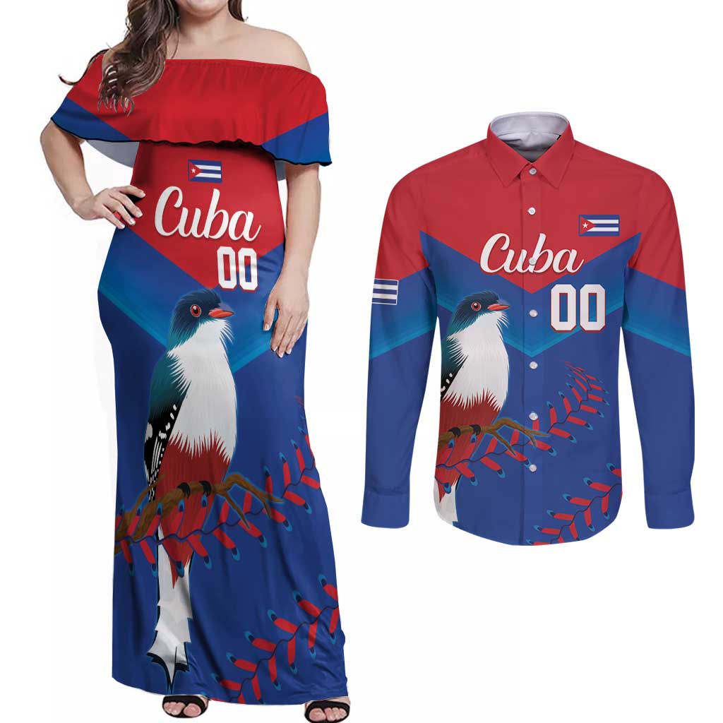 Custom Baseball Cuba 2024 Couples Matching Off Shoulder Maxi Dress and Long Sleeve Button Shirt Cuban Trogon - Dynamic Style - Wonder Print Shop