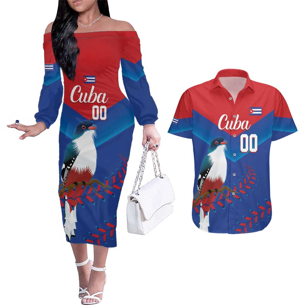 Custom Baseball Cuba 2024 Couples Matching Off The Shoulder Long Sleeve Dress and Hawaiian Shirt Cuban Trogon - Dynamic Style - Wonder Print Shop