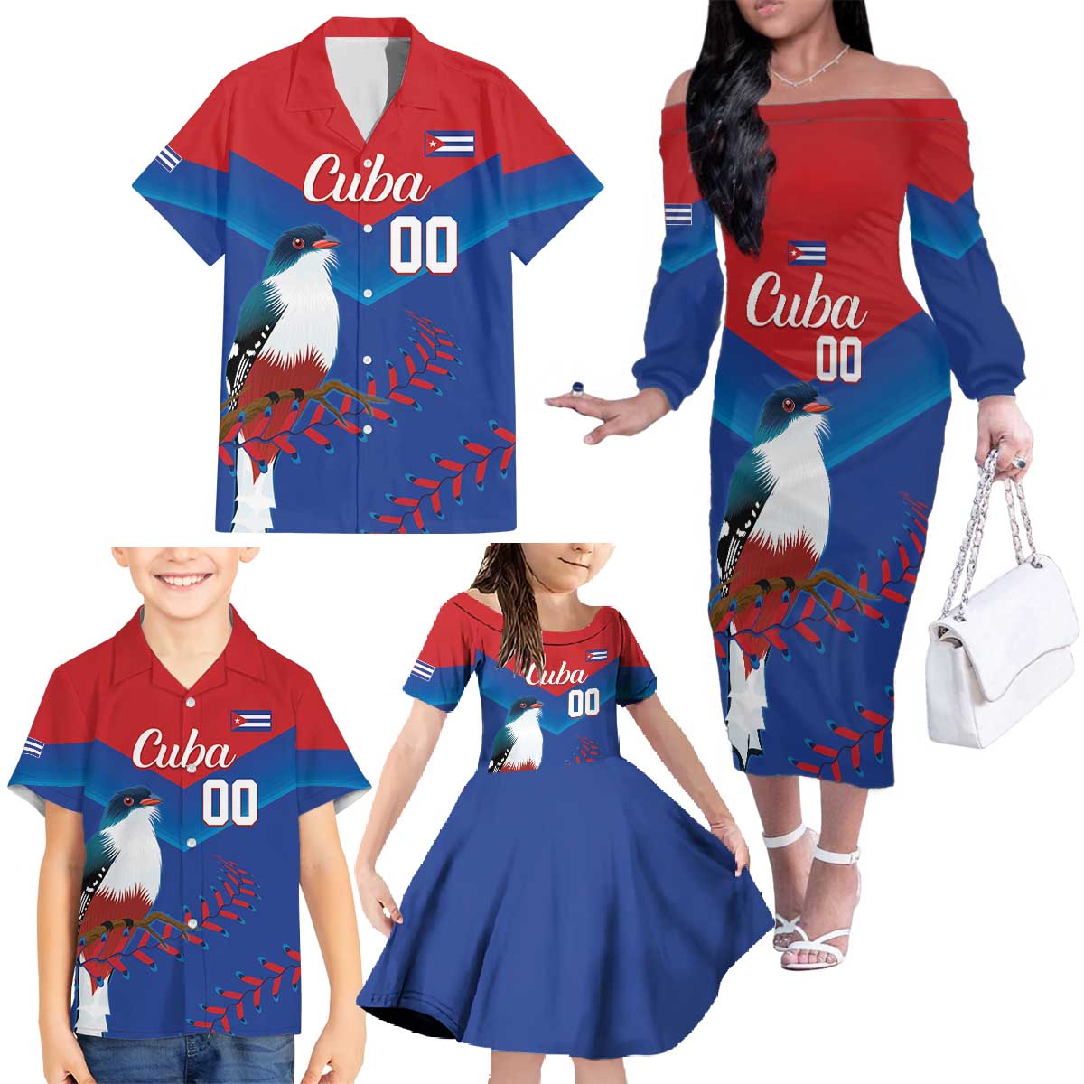 Custom Baseball Cuba 2024 Family Matching Off The Shoulder Long Sleeve Dress and Hawaiian Shirt Cuban Trogon - Dynamic Style - Wonder Print Shop