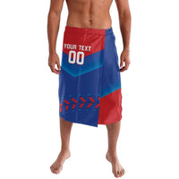 Men's blue and red printed board shorts with elastic waist and 'YOUR TEXT 00'