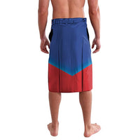 Men's blue and red printed board shorts with elastic waistband, chevron color block back