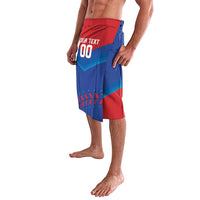 Men's blue and red printed board shorts, side view with partial 'YOUR TEXT 00'
