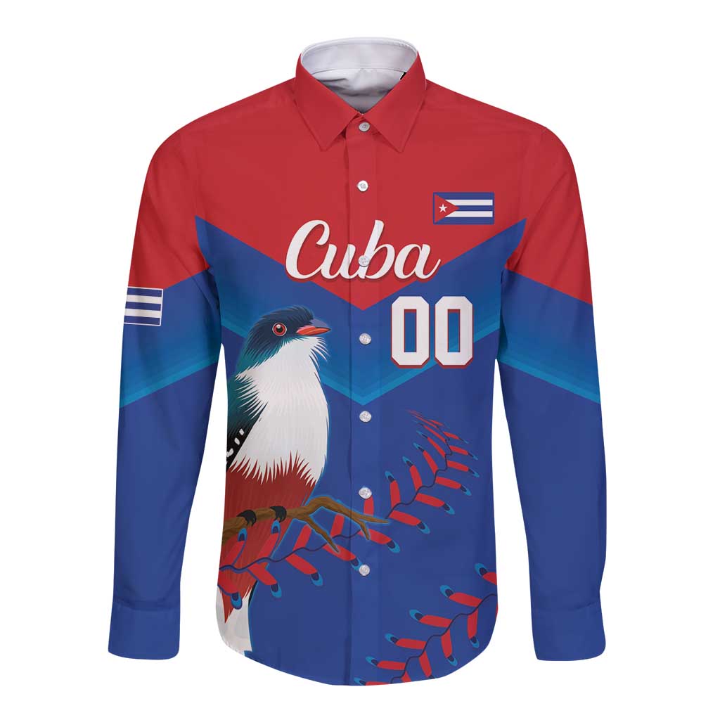 Long-sleeve button shirt with red-and-blue graphic, Cuba text, bird, flag patch, 00