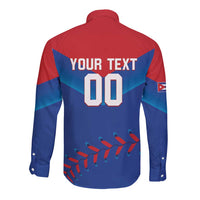 Back of long-sleeve button shirt with YOUR TEXT, number 00, blue bird graphic, flag