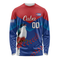 Long-sleeve baseball shirt with Cuba flag graphic, bird, and "Cuba" text, blue/red