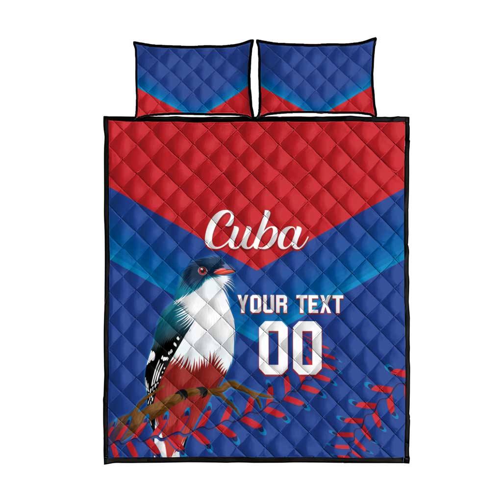Cuba-themed blue and red quilt bed set with matching pillowcases; Cuba and YOUR TEXT.
