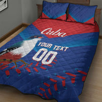 Blue quilt bed set with red side paneling, Cuba script, bird graphic, YOUR TEXT.