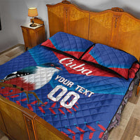 Blue quilt bed set with red stripe and Cuba script; bird and YOUR TEXT centered.