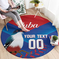 Round blue rug with Cuba word, bird illustration, and YOUR TEXT custom lettering.