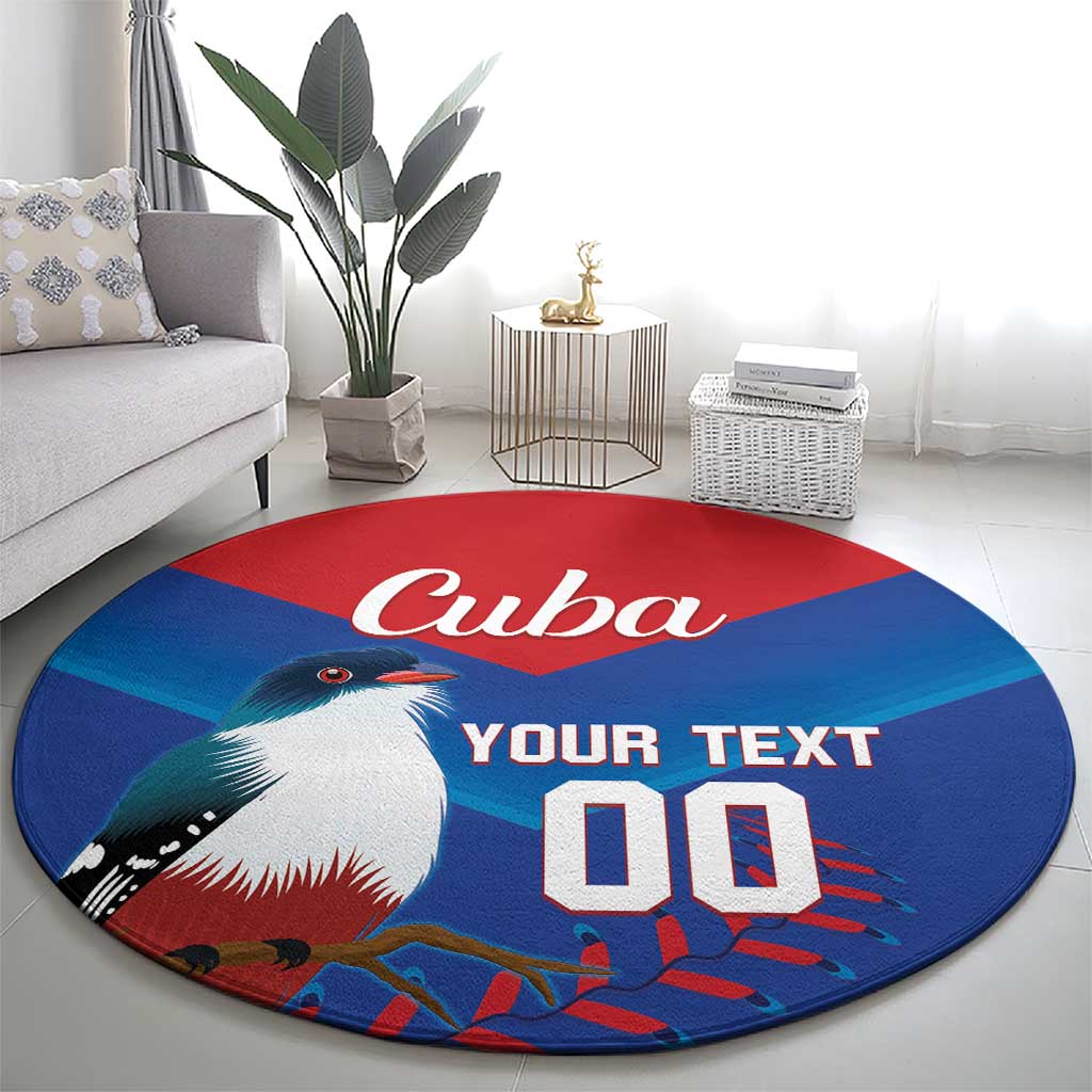 Round blue rug featuring Cuba word, bird artwork, and YOUR TEXT lettering.