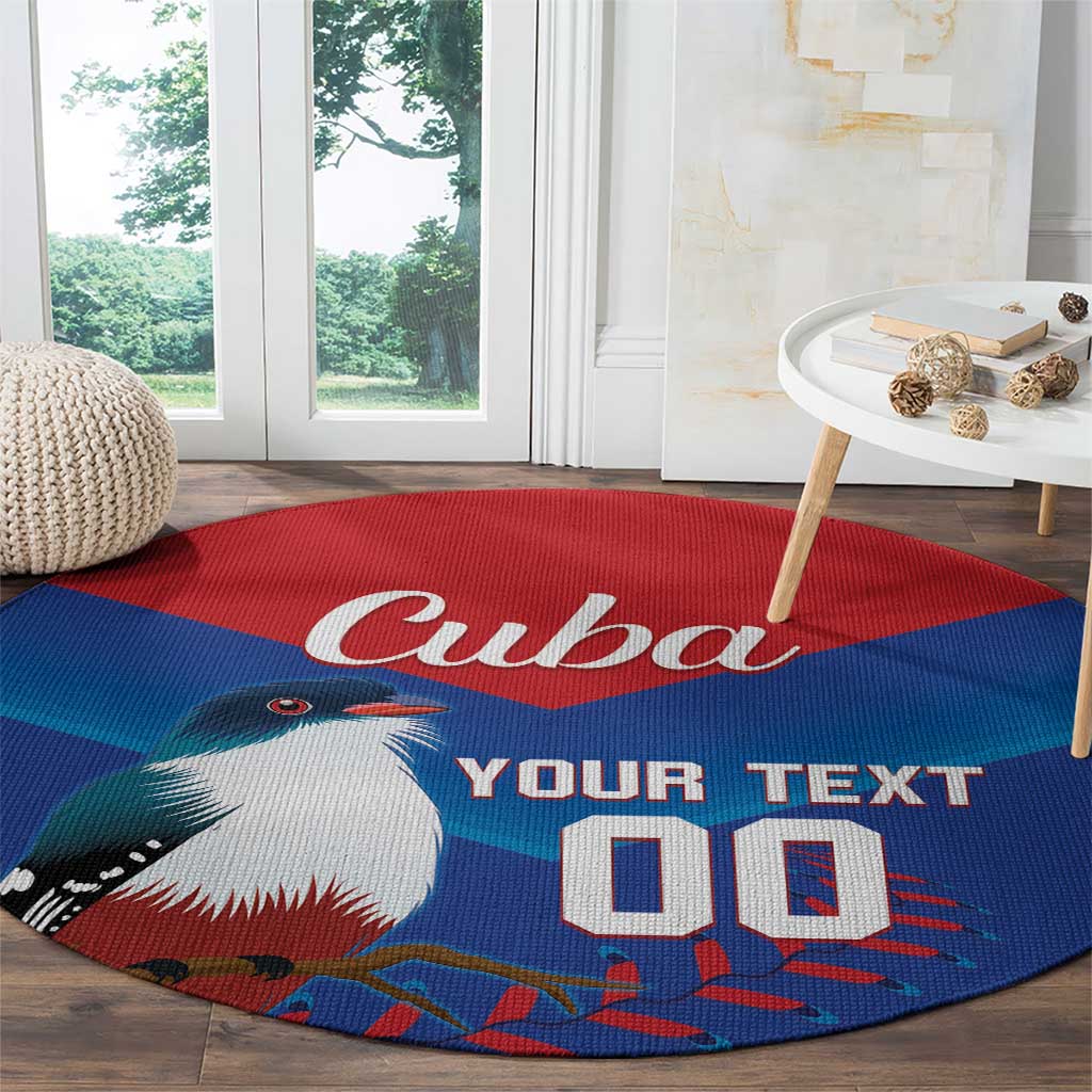 Round blue rug with Cuba word, bird graphic, and YOUR TEXT custom lettering.