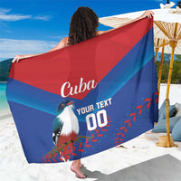 Blue and red printed beach sarong with bird, Cuba text, and custom number 00