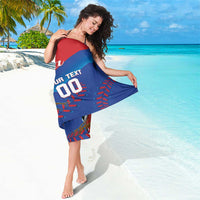 Blue and red printed beach sarong with Cuba and “YOUR TEXT 00” near hem