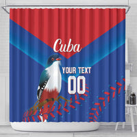 Cuba-themed shower curtain with bird, 'Cuba' script, and 'YOUR TEXT' '00' design
