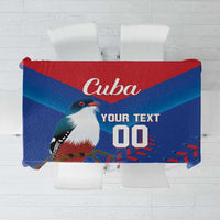 Cuba-themed blue tablecloth with red banner, bird print, and “YOUR TEXT” lettering