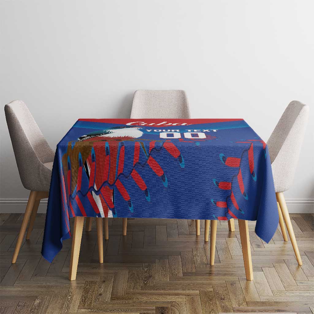 Blue tablecloth with red and teal tropical print, styled on a dining table