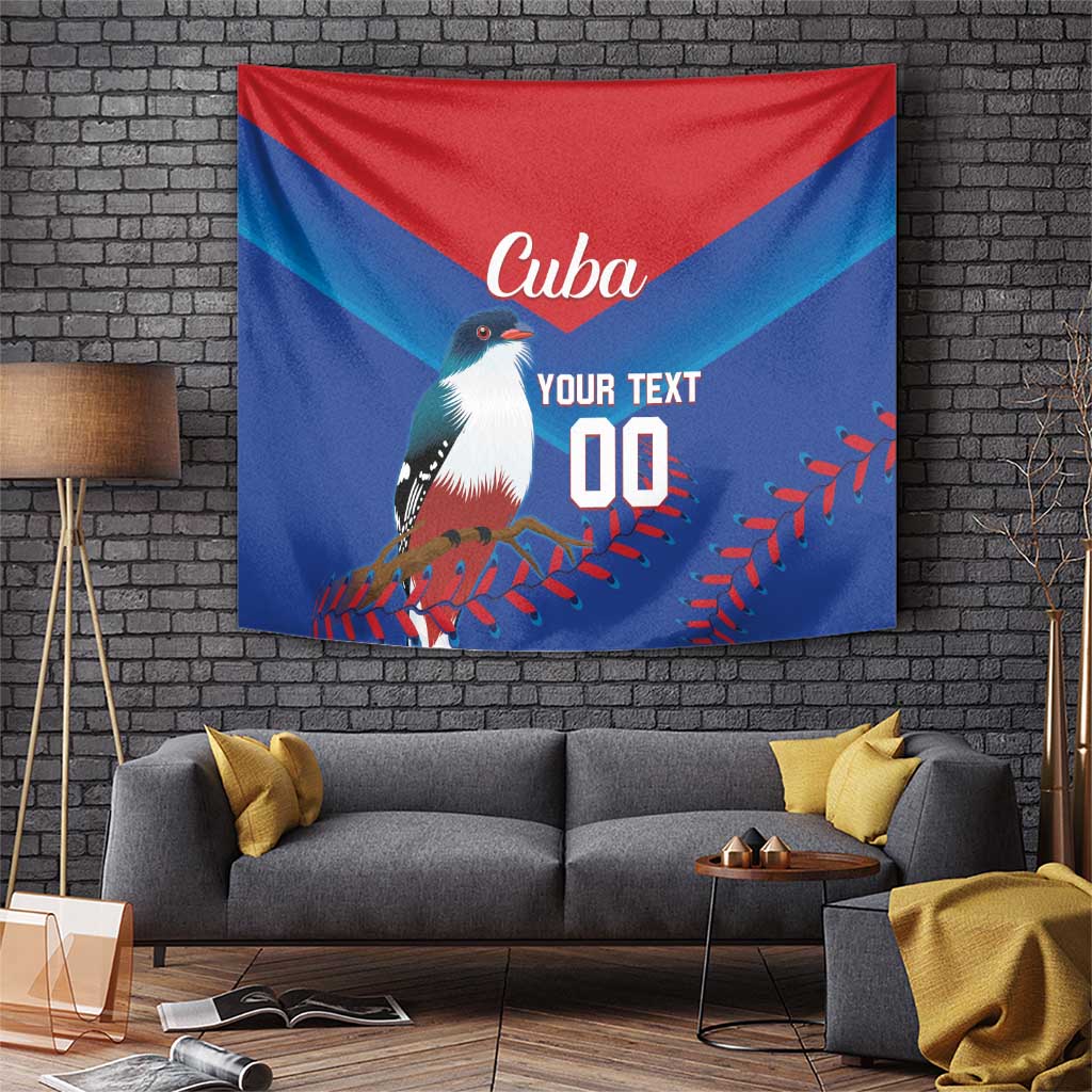 Cuba tapestry wall hanging with red, blue, and bird graphic; custom text and number