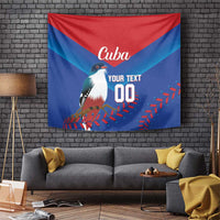 Cuba tapestry wall hanging with red, blue, and bird graphic; custom text and number