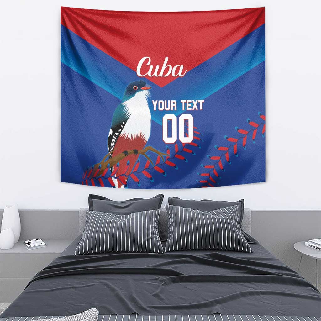 Cuba tapestry wall hanging in red and blue with bird, branches, and custom text