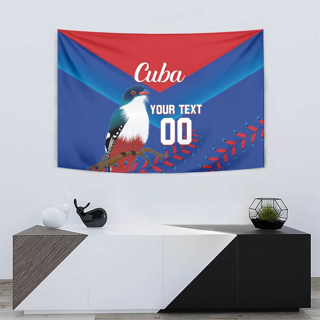 Cuba tapestry wall hanging with bird illustration, red and blue rays, and custom text