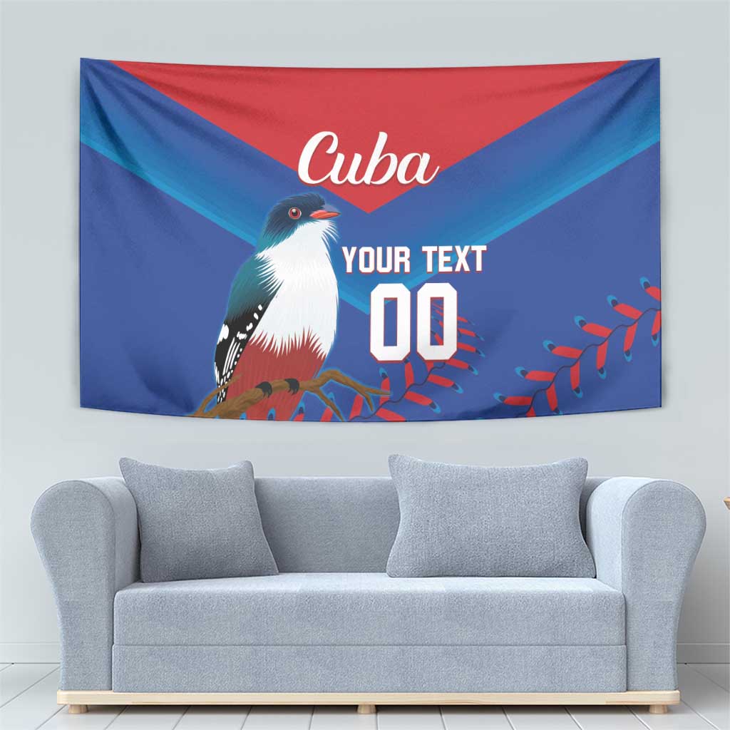 Cuba tapestry wall hanging with bird artwork, red-blue triangle design, and custom text