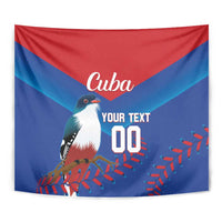 Cuba tapestry wall hanging close view with bird, red-blue rays, and custom text