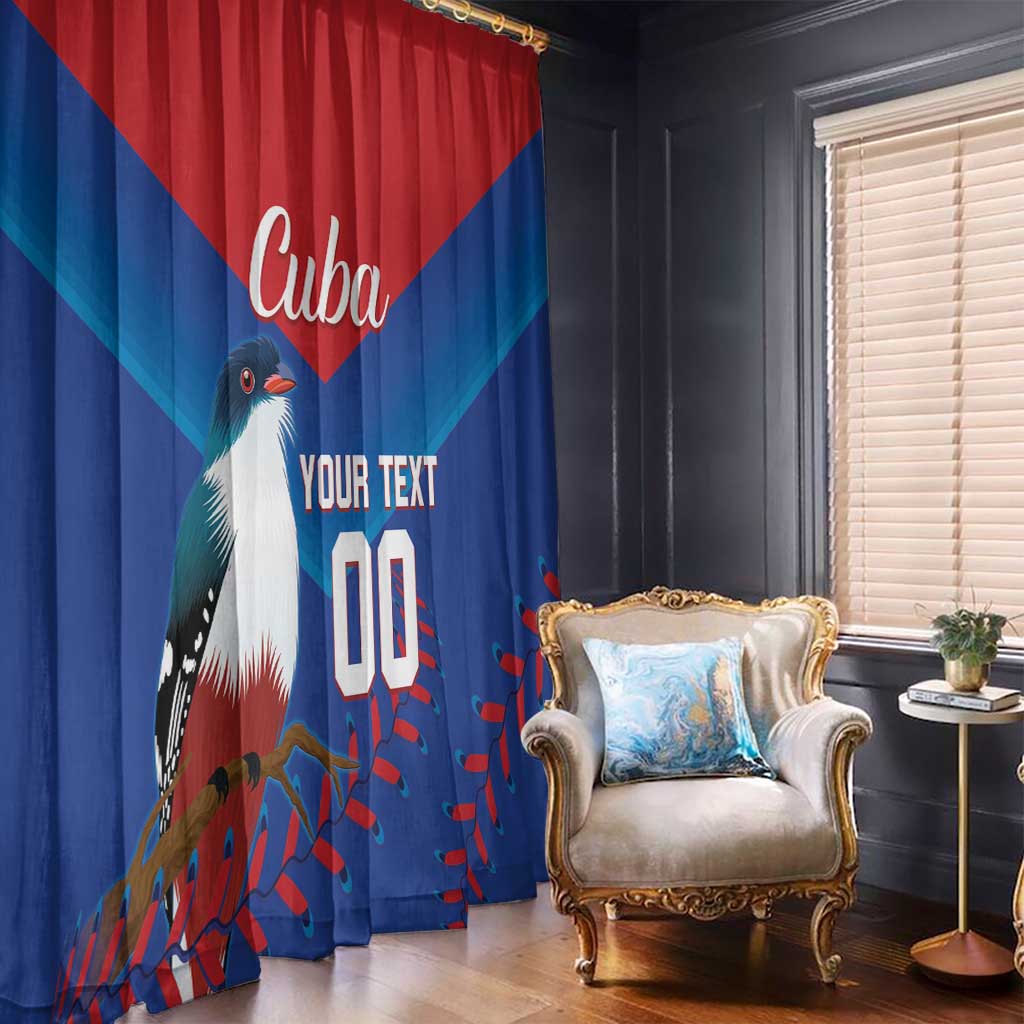 Blue and red bird window curtain panels with “Cuba” and custom text styling