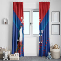 Blue and red bird window curtain panels with “Cuba” and custom text over door