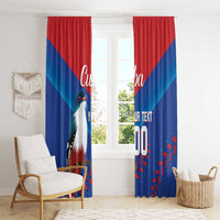 Blue and red bird window curtain panels with custom text and “Cuba” lettering