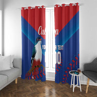 Blue and red bird window curtain panels with custom text and “Cuba” lettering