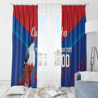 Blue and red bird window curtain panels with “Cuba” and custom text design