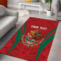 Red area rug with green diagonal stripes and Aztec-style design, eagle and 'YOUR TEXT'