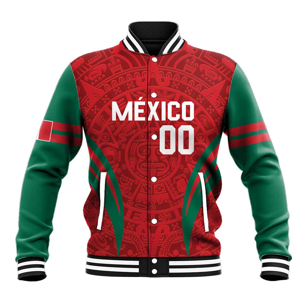 Baseball varsity jacket with red Aztec graphic, green sleeves, button front, striped collar