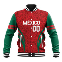 Baseball varsity jacket with red Aztec graphic, green sleeves, button front, striped collar