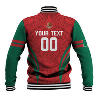 Baseball varsity jacket back view with red Aztec pattern, green sleeves, 'YOUR TEXT' print