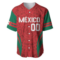 Green and red baseball jersey with Aztec pattern, V-neck, buttons, MEXICO and 00