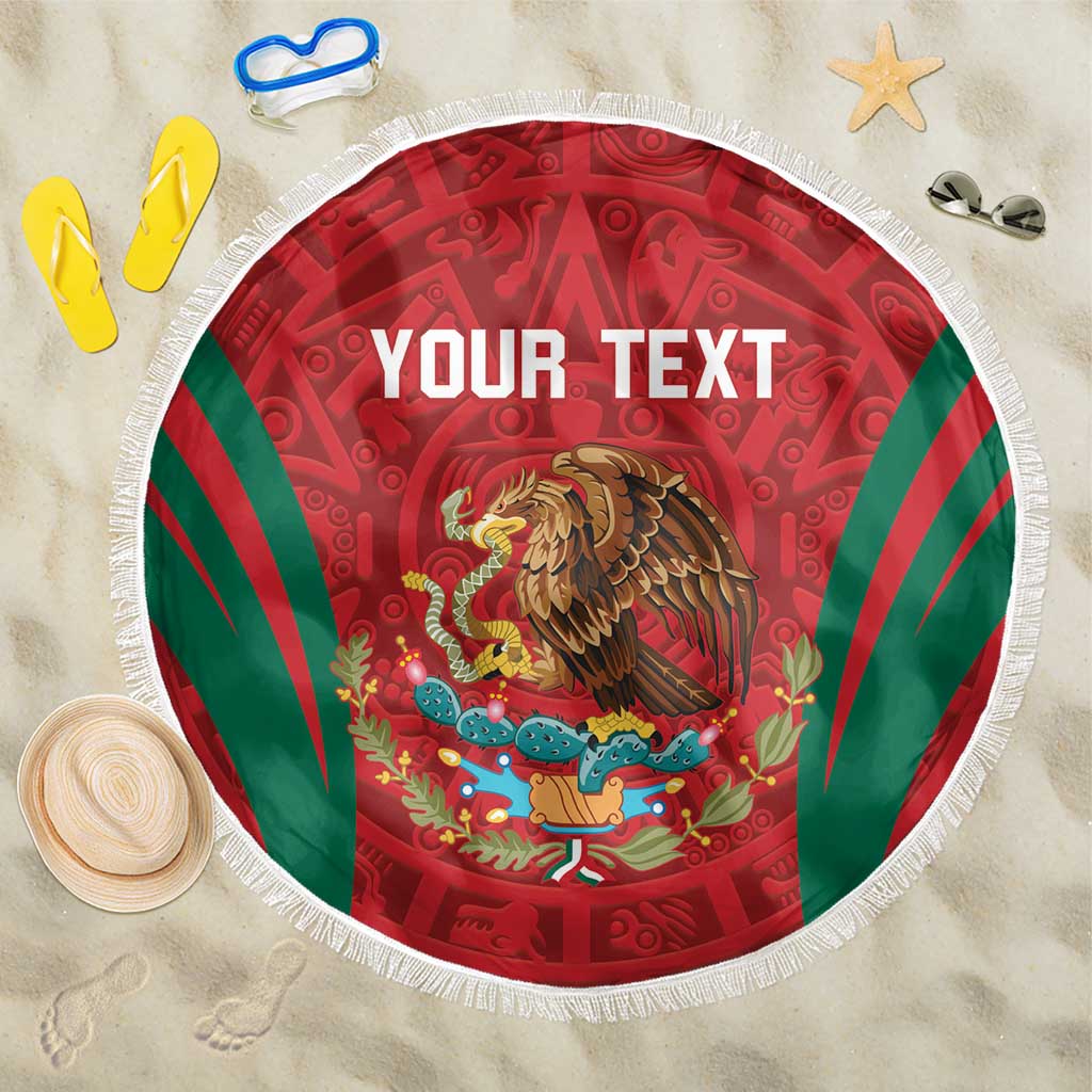 Custom round beach blanket with red Aztec eagle center, green stripes, white fringe